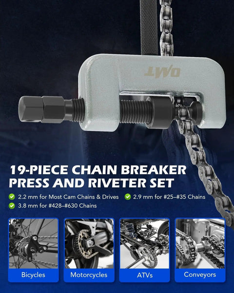 Beefed Up Chain Breaker Tool Kit With C Frame For Quick Chain Link Removal in use on motorcycle chain Orion Motor Tech