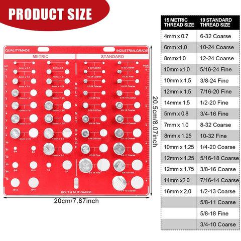 34 Bit Nut And Bolt Thread Checker Kit With 19 Standard And 15 Metric Sizes, Pro Grade, Wall Mounted And Hand Held Thread Gauge Sizing Tool, Nut And Bolt Chart, 8.07 Inch Red showing thread sizes on a red plate
