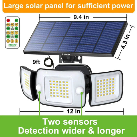 Outdoor Solar Flood Lights With Remote Control 3 Head Motion Sensor Flood Lights showing solar panel and dimensions