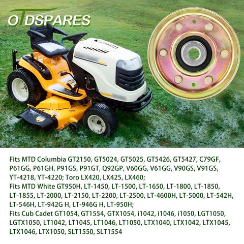 Flat Idler Pulley Replacement For MTD And Toro Lawn Mowers OTDSPARES with yellow pulley and lawn mower in background