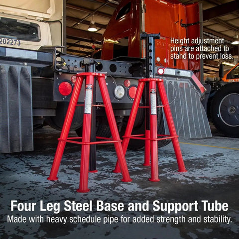 10 Ton Pin Type Jack Stands High Height Pair With Four Leg Steel Base supporting truck in garage