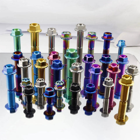 Assorted titanium flanged hex head bolts displaying various colors including Burnt Blue Titanium Flanged Hex Head Bolt M8x1.25x20mm Pack Of 5.