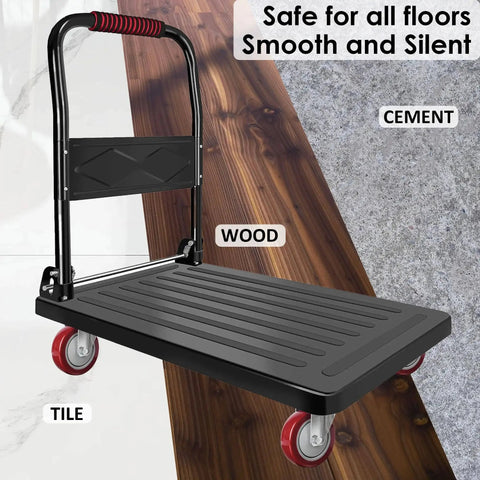 Platform cart with red heavy-duty 4 inch swivel caster set, ideal for workbench freezer washer dryer. Rolls over wood, cement, tile floors.