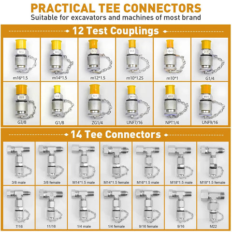 HOTROSE hydraulic pressure test kit with 12 silver test couplings with yellow caps and 14 tee connectors.