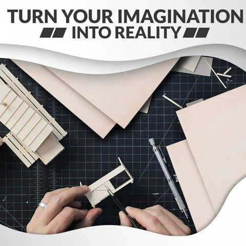 Hands using Premium Basswood Sheets for Crafts 3mm Thick for Laser Cutting and Wood Burning 12 by 12 Inch 10 Pack Ideal for Architectural Models Drawings and DIY Projects by SS Custom Products with architectural model pieces.