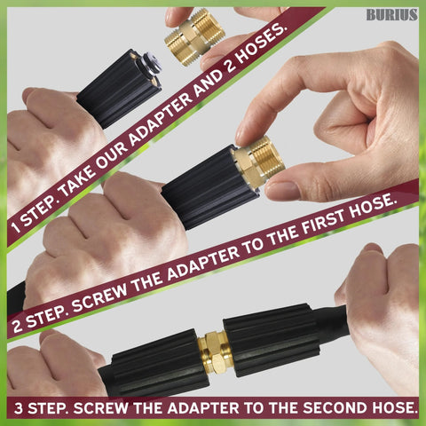 Front view of pressure washer hose connector set with brass M22 14mm quick-connect couplers joining two hoses.