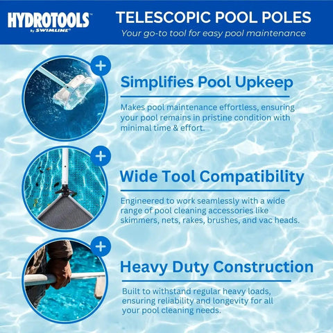 Two Piece Telescopic Pool Pole With Six To Twelve Feet Adjustable Reach For Easy Pool Cleanup, showing usage compatibility and features