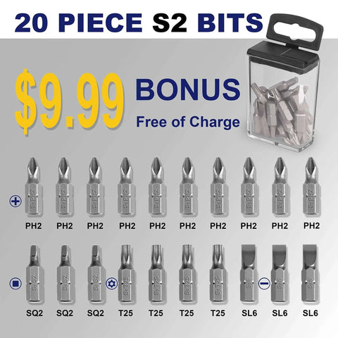 20 piece S2 bits set with bonus offer price of $9.99 and free case, showcasing various bit types including PH2 and T25.