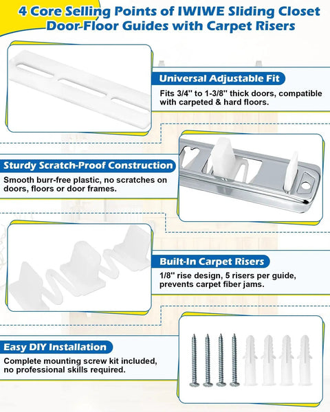 Adjustable Sliding Closet Door Floor Guides With Carpet Risers, 2 Pack, Universal Fit for 3/4 to 1-3/8 Inch Thick Doors