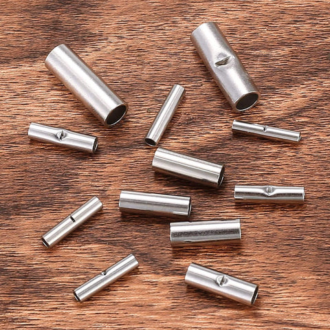 120 Pcs Non Insulated Butt Connectors For 22 To 16 Gauge Wire, Uninsulated Butt Splice Connectors, Copper Tin Plated on wood surface