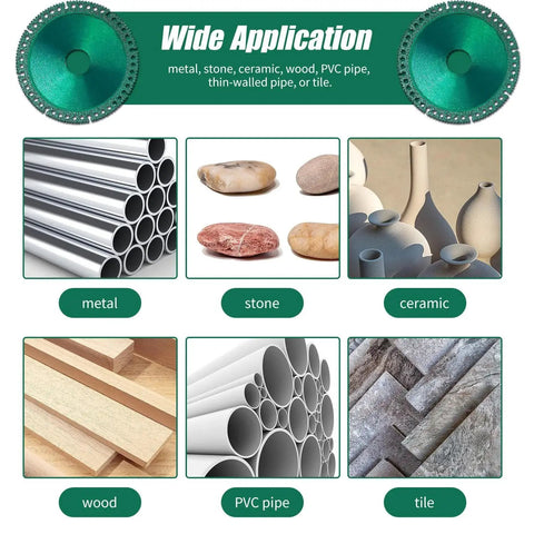 Cut Faster With Indestructible Disc 2.0 For Angle Grinders And 4 Inch Circular Saw Blades Upgraded High Manganese Steel Matrix Blade Rips Through Ceramic Tile Glass Metal And Wood In Seconds 3 Pack showing applications on materials like metal, stone, ceramic, wood, PVC pipe, and tile.