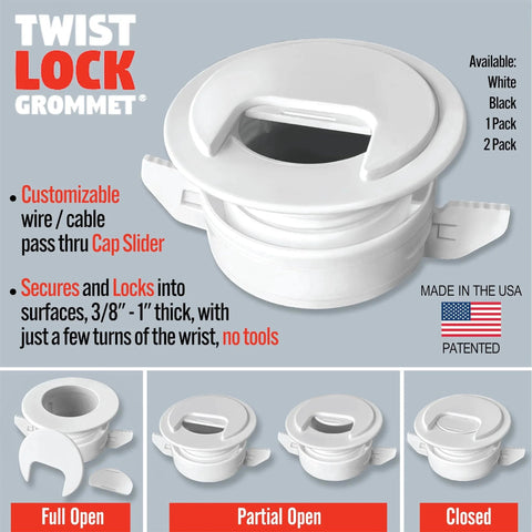 2 Pack Patented White Self Securing Cable Grommet With Cap Slider Tool Free Locking Cable Management For Walls Ceilings And Desks