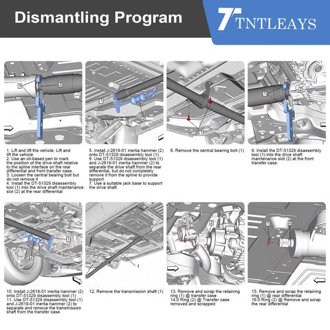 Diagram showing the DT51329A Driveshaft Removal Adapter Tool Engineered for GM Vehicles with step-by-step dismantling instructions.
