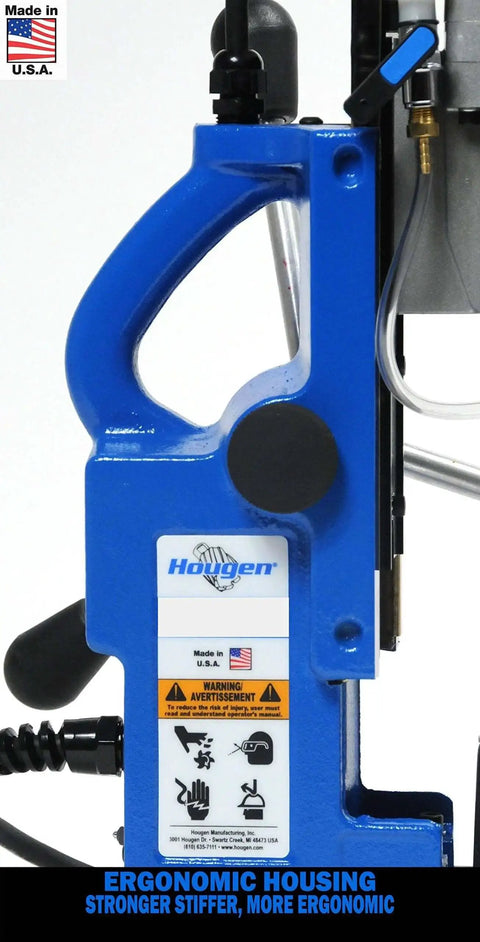 Swivel Base 115 Volt Magnetic Drill With Coolant, Pilot Light, Quick Lock Handle, Two Stage Magnet, Pro Grade Build, Beast Performance, One And One Half Inch Hole Capacity, Reliable Cut For Metalworking, Ideal For Steel Projects Hougen HMD904S in ergonomic housing view.
