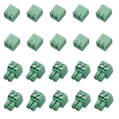 Green 10 Pack 3.81mm Pitch 2 Pin PCB Screw Terminal Block Connector Plug KF2EDGK set displayed in rows.