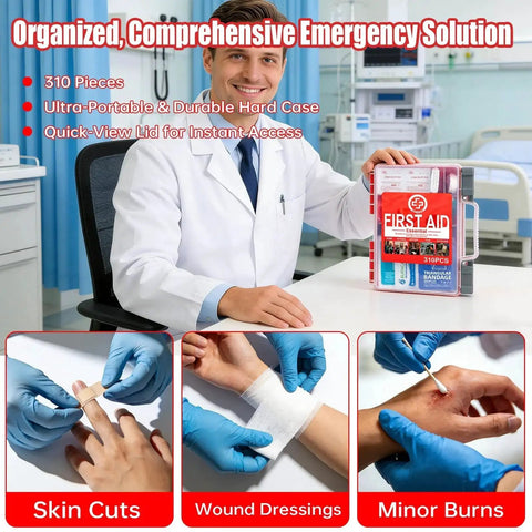 Comprehensive 310 Piece Hard Case First Aid Kit with bandages and supplies shown by a doctor in a clinic setting.
