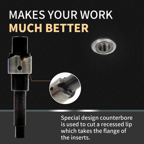 M12X1.5 Thread Repair Kit With Stainless Steel Inserts shown with drill and counterbore tool detail for recessed lip cutting.