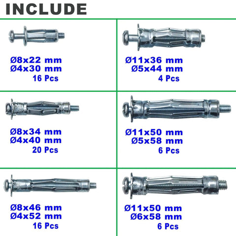 Product display of Heavy Duty Zinc Plated Steel Molly Bolt Anchors Kit For Drywall Hollow Wall Drive Anchors Set sizes and quantities