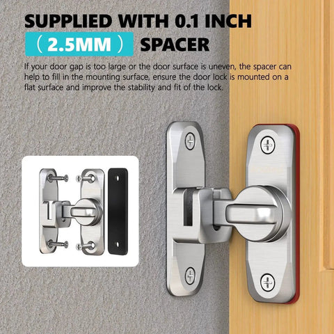 Sliding Barn Door Lock And Latch Hardware In Zinc Alloy Small Flip Door Lock for Closet Bathroom Cabinet Garden and Shed 90 and 180 Degree Latch Anti Corrosion Silver Finish 1 Pack installed on door with spacer and screws