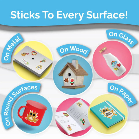 Pro Grade Printable Vinyl Sticker Paper For Inkjet And Laser Printers 56 Sheets Glossy White Self Adhesive Waterproof Paper Dries Quickly With Vivid Colors Holds Ink Well And Tear Resistant For Indoor And Outdoor Use shown on metal, wood, glass, and paper surfaces