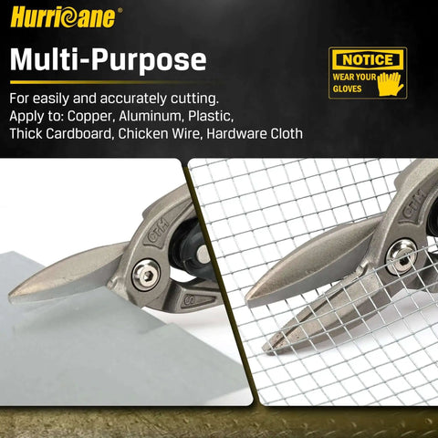 Close-up of 10 Inch Aviation Snips With Safety Lock And CR-MO Blades cutting metal and wire mesh, ideal for HVAC and DIY projects.