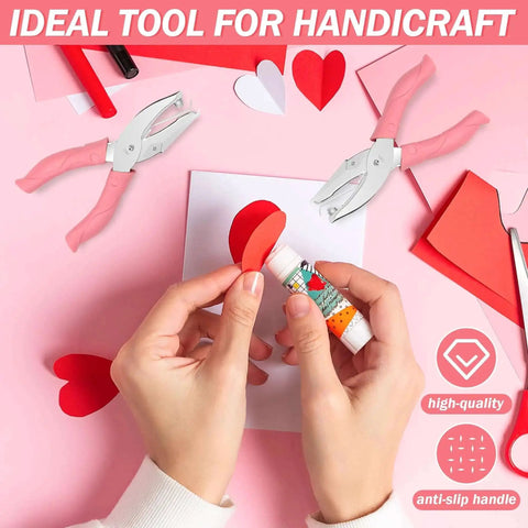 Crafting scene with Star And Heart Hole Punch Set 1/4 Inch handheld paper punch with soft grip pink handles for tags, scrapbooking.