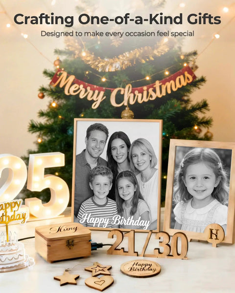 Christmas-themed display with family photo frames, gifts, and decorations.