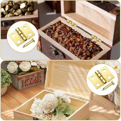 Mini Hinges Craft Set For DIY Projects For DIYers 50 pcs with screws, gold hinges on wooden boxes, 0.39 by 0.31 inches, front view