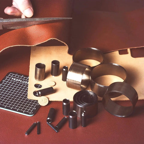 Leather Circle Cutter Set 31 Piece Circle Punch Kit With 1mm to 55mm Holes, high carbon steel punches, leather crafting tools on table