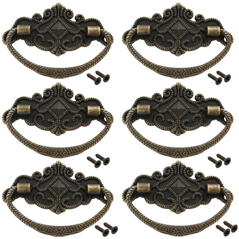 Six Pack Vintage Antique Bronze Drawer Pull Handles With Backplates For Retro Drawers Jewelry Boxes Kitchen Cabinets And Furniture Hardware