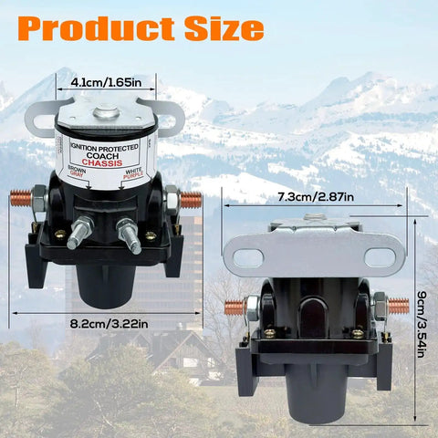 Battery Disconnect Relay 12V 100A Magnetic Latching With Fuses for RV and Marine Use front and side dimensions
