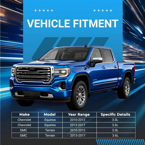 Vehicle fitment banner featuring a blue pickup truck and a grid listing Chevrolet Equinox and GMC Terrain year ranges.