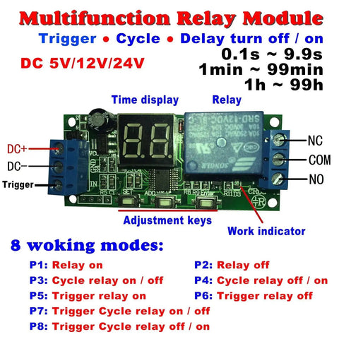Plug And Play Digital LED Display Delay Timer Relay Module showing circuit board, display, and connection points for DC 5V 12V 24V systems.