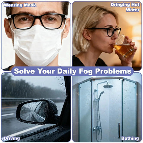 Anti Fog Wipes For Glasses Large Premoistened Wipes Individually Wrapped showing use cases like masks, hot drinks, driving, and showers