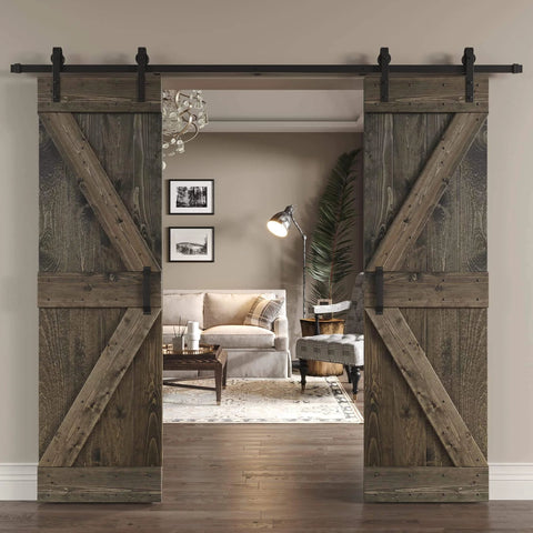 Rustic DIY Knotty Pine Wood Double Sliding Barn Door With Hardware Kit for 60 x 84 Inch Opening, aged barrel finish installed.