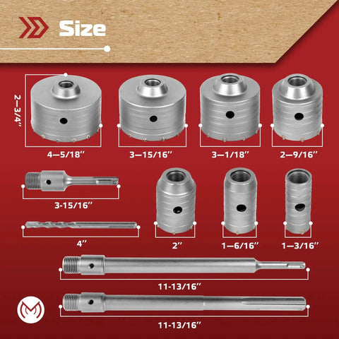 Heavy Duty 17 Piece Concrete Hole Saw Kit With SDS Plus And SDS Max Shanks For Brick Cement Block And Concrete Drilling MonoPro Includes Pilot Bits And Shanks In Sizes 30mm Through 110mm, showing set of saw sizes and shanks