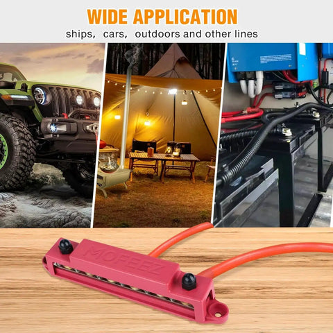 Power Distribution Block Bus Bar Kit With 6 3 By 8 Inch Posts And 10 No. 8 Terminal Screws, 48V DC 250A Beefy Continuous Rating, Red