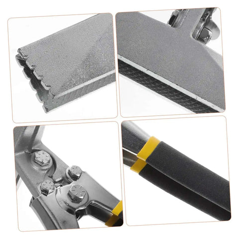 Close-up of Manual Sheet Metal Bender Tool With Straight Jaw, 6 Inch Hand Seamer for DIY and roofing, featuring non-slip grip, Pro Grade.