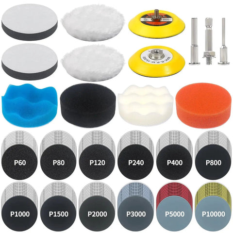 3 Inch Sanding Disc Kit For Drill Polishing Wet Dry Headlight Restoration, 60-10000 grit discs, backing pads, and shanks shown