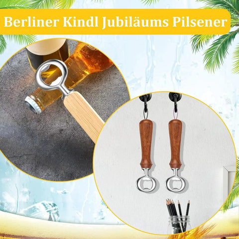 Eight Piece Metal Bottle Opener Kit Made Of Stainless Steel Blank Openers For DIYers And Crafting hangs on a wall.