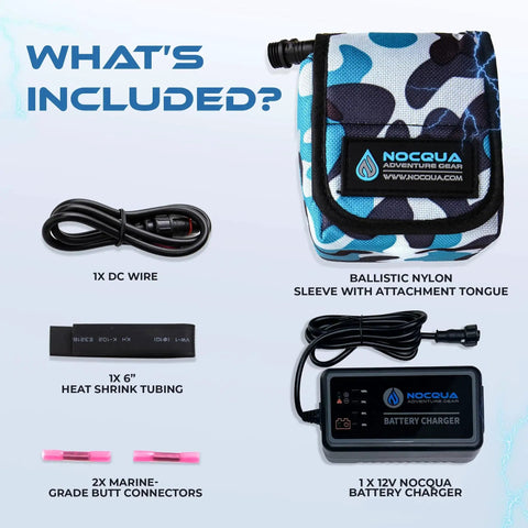 NoCQUA 12V battery charger kit with DC wire, heat shrink tubing, marine butt connectors and ballistic nylon sleeve.