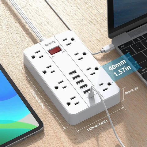 Power Strip With USB Ports And Surge Protector, Flat Plug, Eight Widely Spaced Outlets And Six USB Ports Including USB C, Five Foot Cord