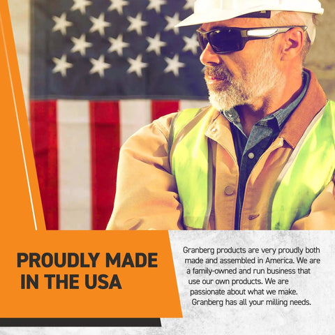 Man in safety gear with American flag background, "Proudly Made in the USA" text, promoting Granberg products.