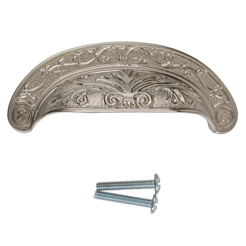 Baroque Scroll Work Brushed Nickel Cup Pull For Cabinets And Drawers, 2-1/2 Inch Centers, with installation screws, vintage decor