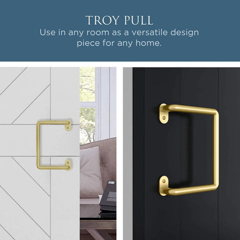 Troy Pull Handle N700-105 For Interior Sliding Barn Doors 8 Inch Brushed Gold Finish on white and black wood doors