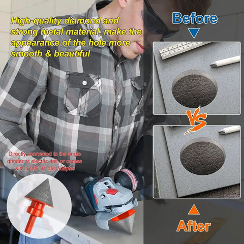 Pro Grade Diamond Beveling Chamfer Bits Set For Ceramic Tiles Three Piece Kit demonstration with before-and-after tile images
