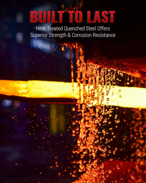 Molten steel being heat-treated for strength and corrosion resistance with 'Built to Last' text overlay.