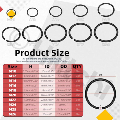 Precision 150Pcs Round Wire C Clips Set In 10 Sizes M10 To M26 GB8952 Retainer Clips Kit size chart display.