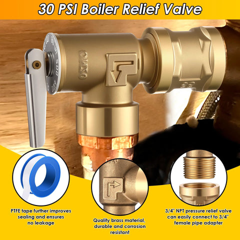 Gulfmew 30 PSI boiler relief valve, brass with 3/4 NPT female thread and lever handle on copper pipe