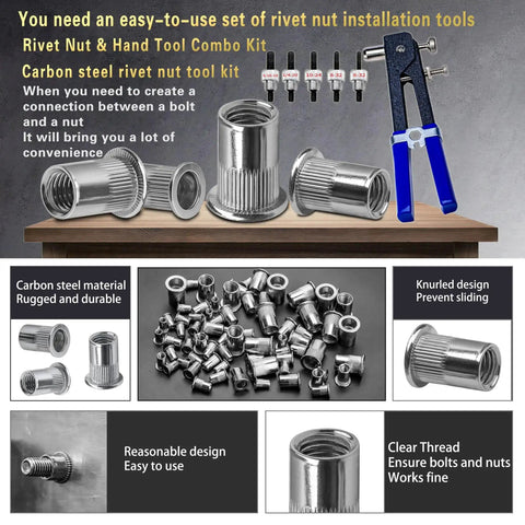 Rivet Nut Tool Kit With 420 Imperial Rivet Nuts In Sizes 6-32 8-32 10-24 1/4-20 And 5/16-18 displayed with tool and features.